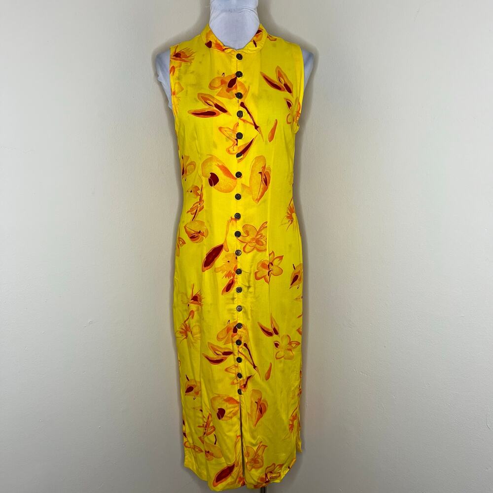 Bali Batiks Resort Wear Shirt Dress MEDIUM Midi Yellow Floral Sheath Tropical